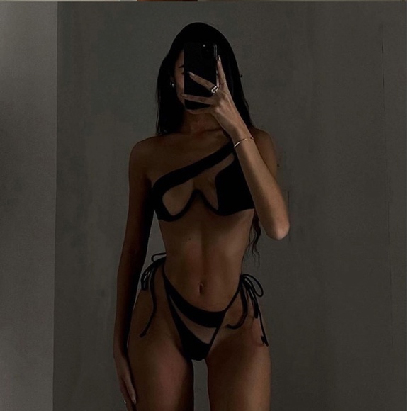 NEW! Black one shoulder asymmetric mesh cut out 2 piece bikini set; top & bottom - Picture 10 of 16
